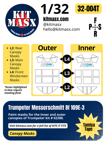 Trumpeter Messerschmitt Bf 109E-3 1/32 Canopy Paint Masks, Kit # 02288