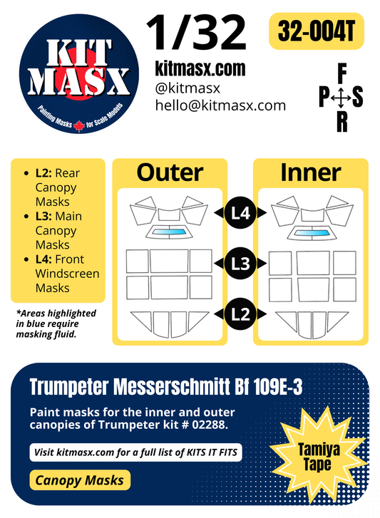 Trumpeter Messerschmitt Bf 109E-3 1/32 Canopy Paint Masks, Kit # 02288