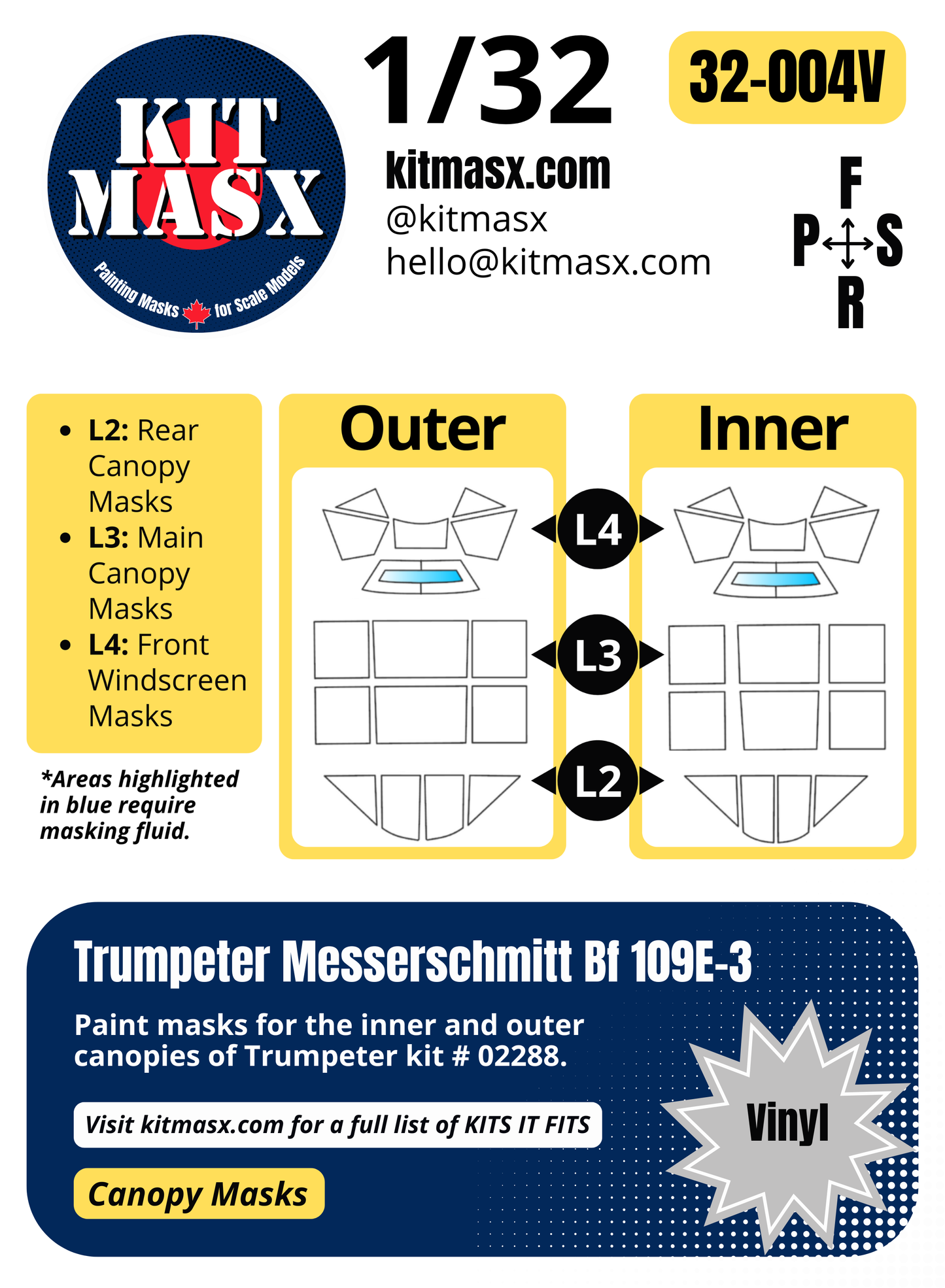 Trumpeter Messerschmitt Bf 109E-3 1/32 Canopy Paint Masks, Kit # 02288