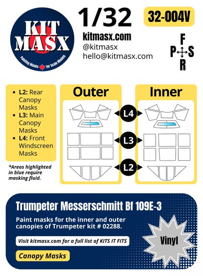 Trumpeter Messerschmitt Bf 109E-3 1/32 Canopy Paint Masks, Kit # 02288