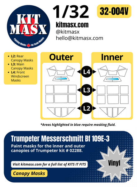 Trumpeter Messerschmitt Bf 109E-3 1/32 Canopy Paint Masks, Kit # 02288