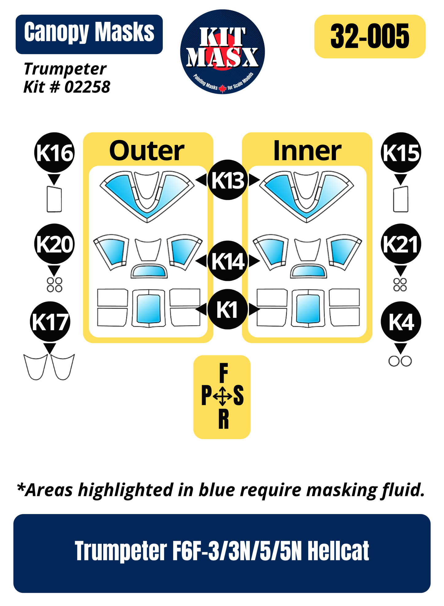 Trumpeter F6F-3/3N/5/5N Hellcat 1/32 Canopy Paint Masks, Kit # 02258
