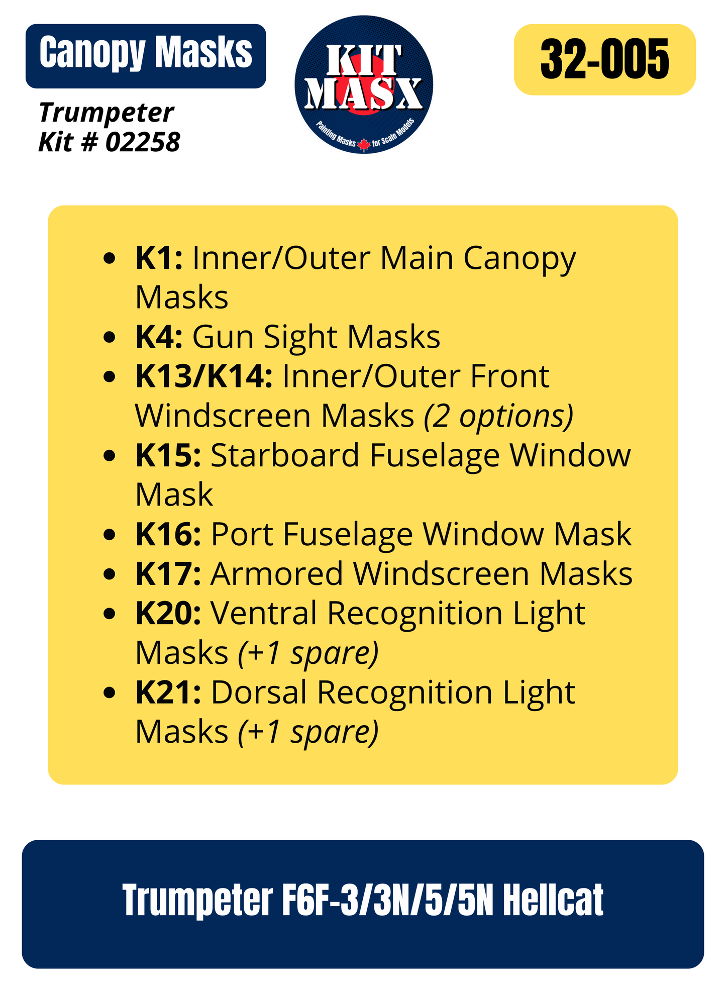 Trumpeter F6F-3/3N/5/5N Hellcat 1/32 Canopy Paint Masks, Kit # 02258