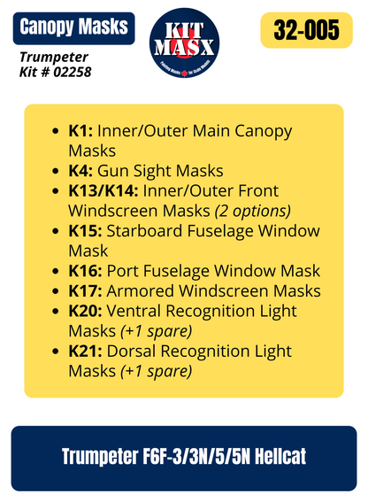 Trumpeter F6F-3/3N/5/5N Hellcat 1/32 Canopy Paint Masks, Kit # 02258