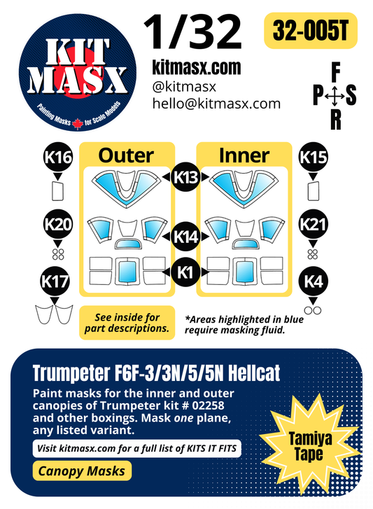Trumpeter F6F-3/3N/5/5N Hellcat 1/32 Canopy Paint Masks, Kit # 02258
