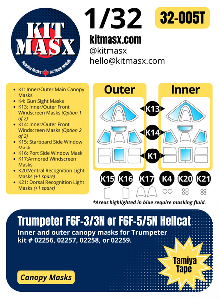 Trumpeter F6F-3/3N, F6F-5/5N Hellcat 1/32 Canopy Paint Masks, Kit # 02258