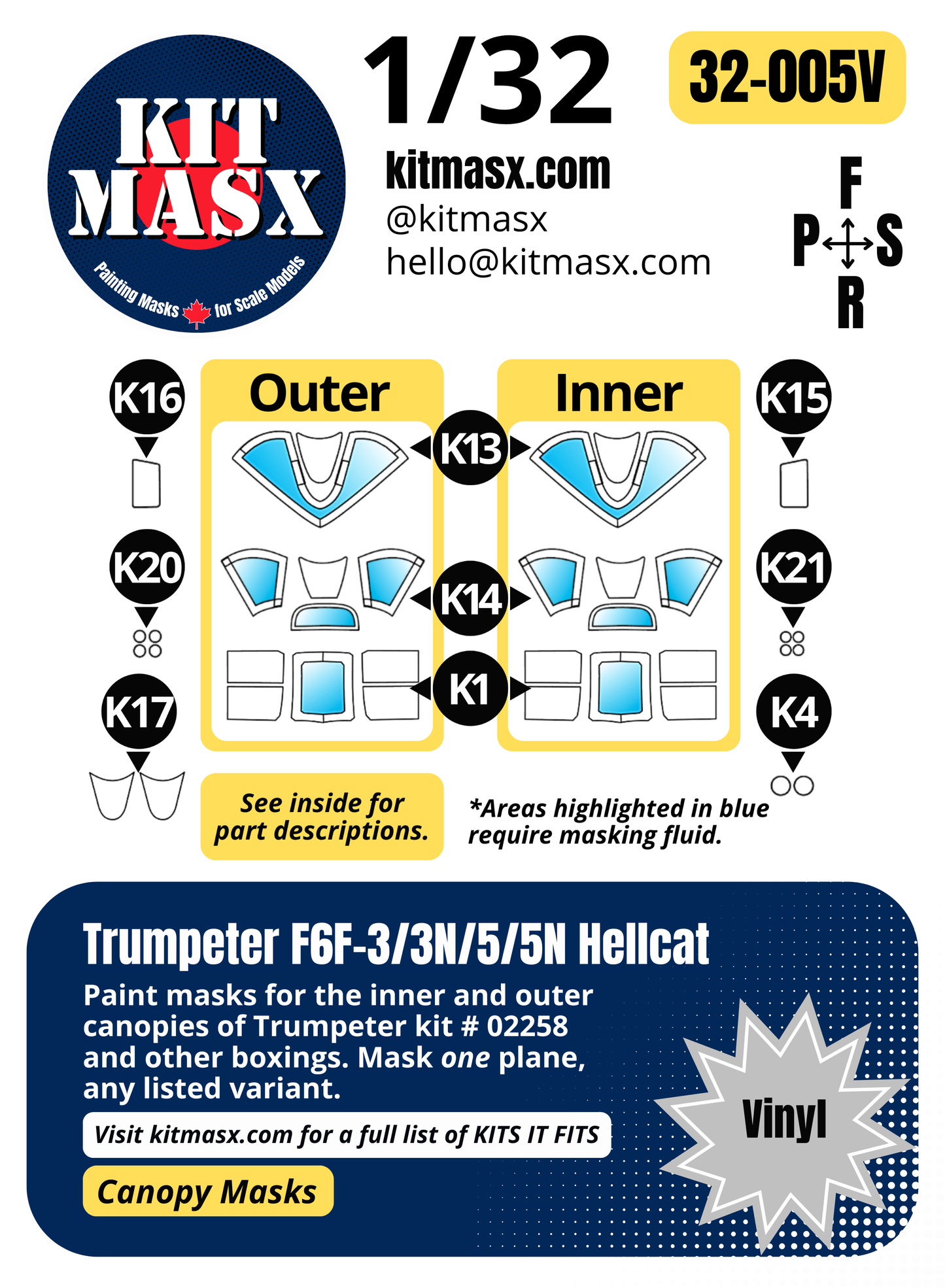 Trumpeter F6F-3/3N/5/5N Hellcat 1/32 Canopy Paint Masks, Kit # 02258