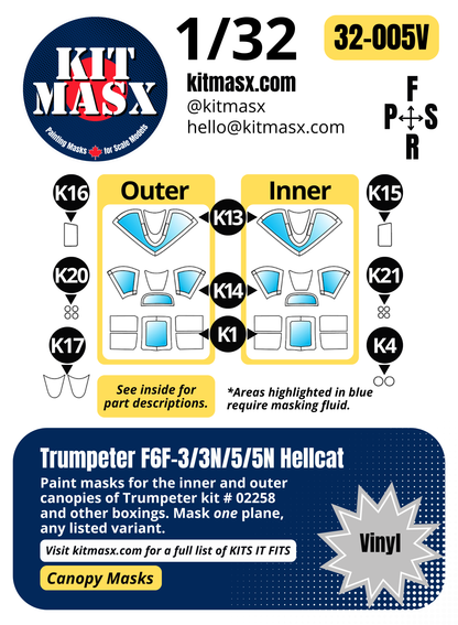 Trumpeter F6F-3/3N/5/5N Hellcat 1/32 Canopy Paint Masks, Kit # 02258