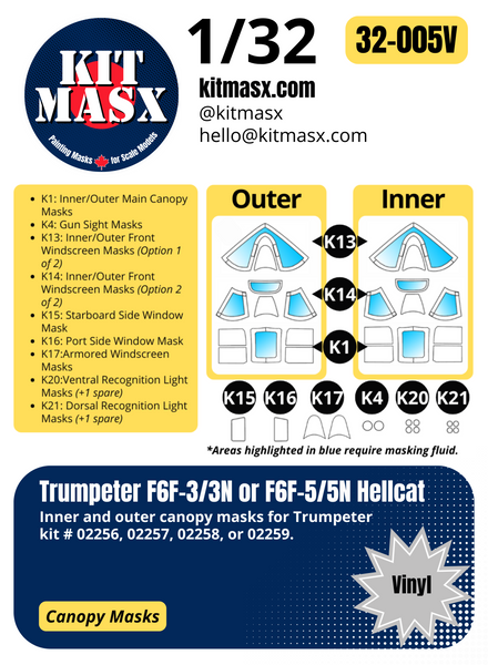 Trumpeter F6F-3/3N, F6F-5/5N Hellcat 1/32 Canopy Paint Masks, Kit # 02258