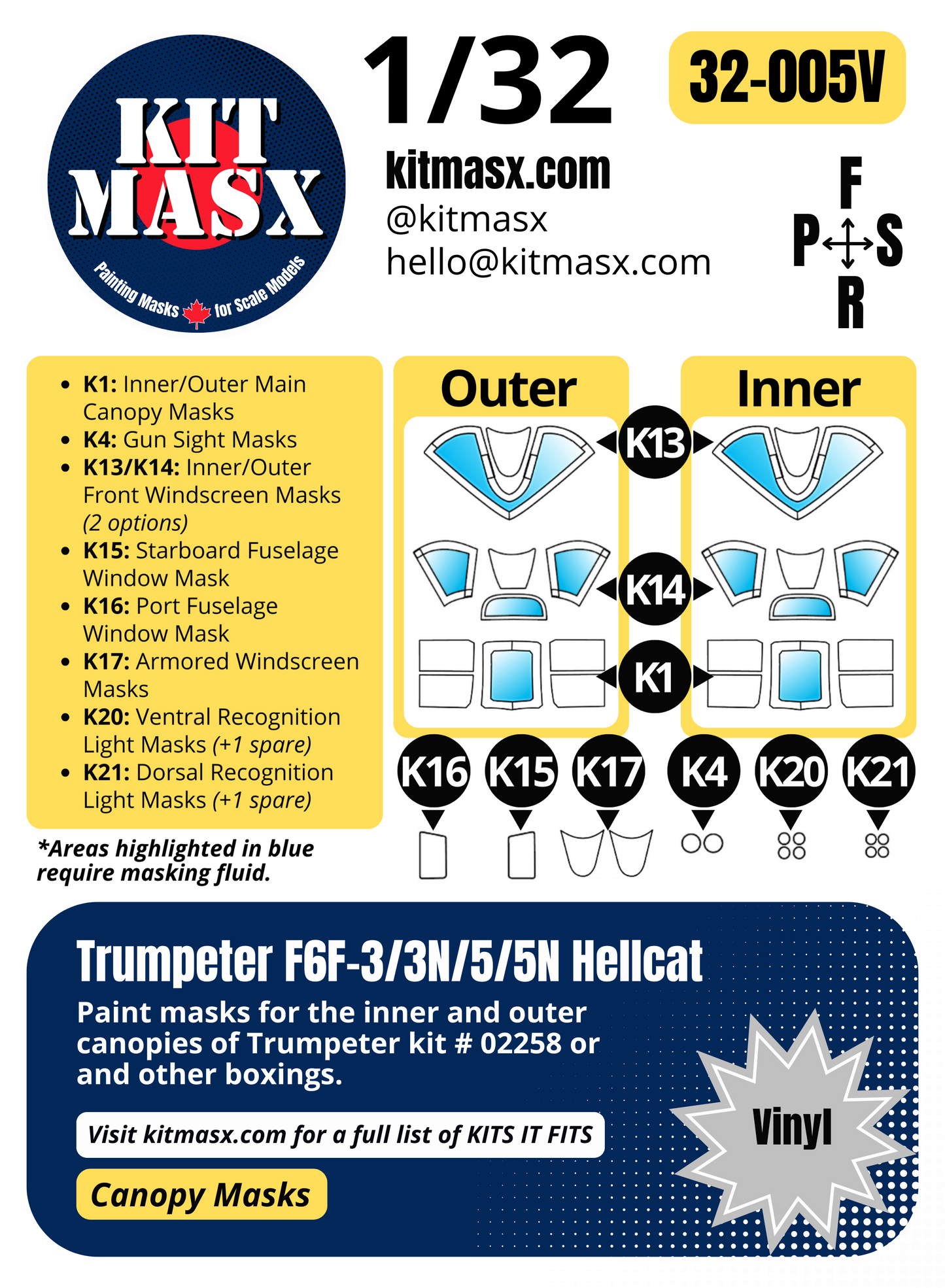 Trumpeter F6F-3/3N/5/5N Hellcat 1/32 Canopy Paint Masks, Kit # 02258