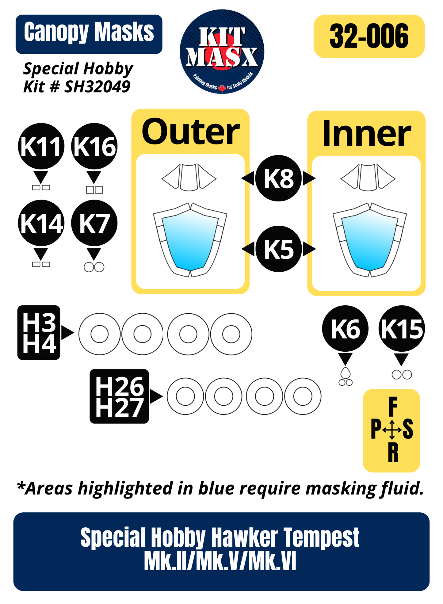 Special Hobby Hawker Tempest Mk.II/Mk.V/Mk.VI 1/32 Canopy & Wheel Paint Masks, Kit # SH32049