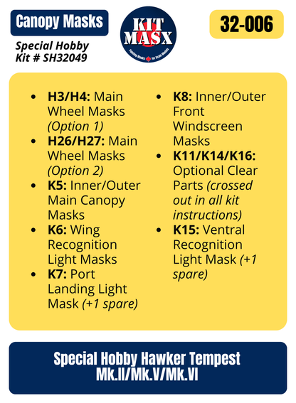 Special Hobby Hawker Tempest Mk.II/Mk.V/Mk.VI 1/32 Canopy & Wheel Paint Masks, Kit # SH32049
