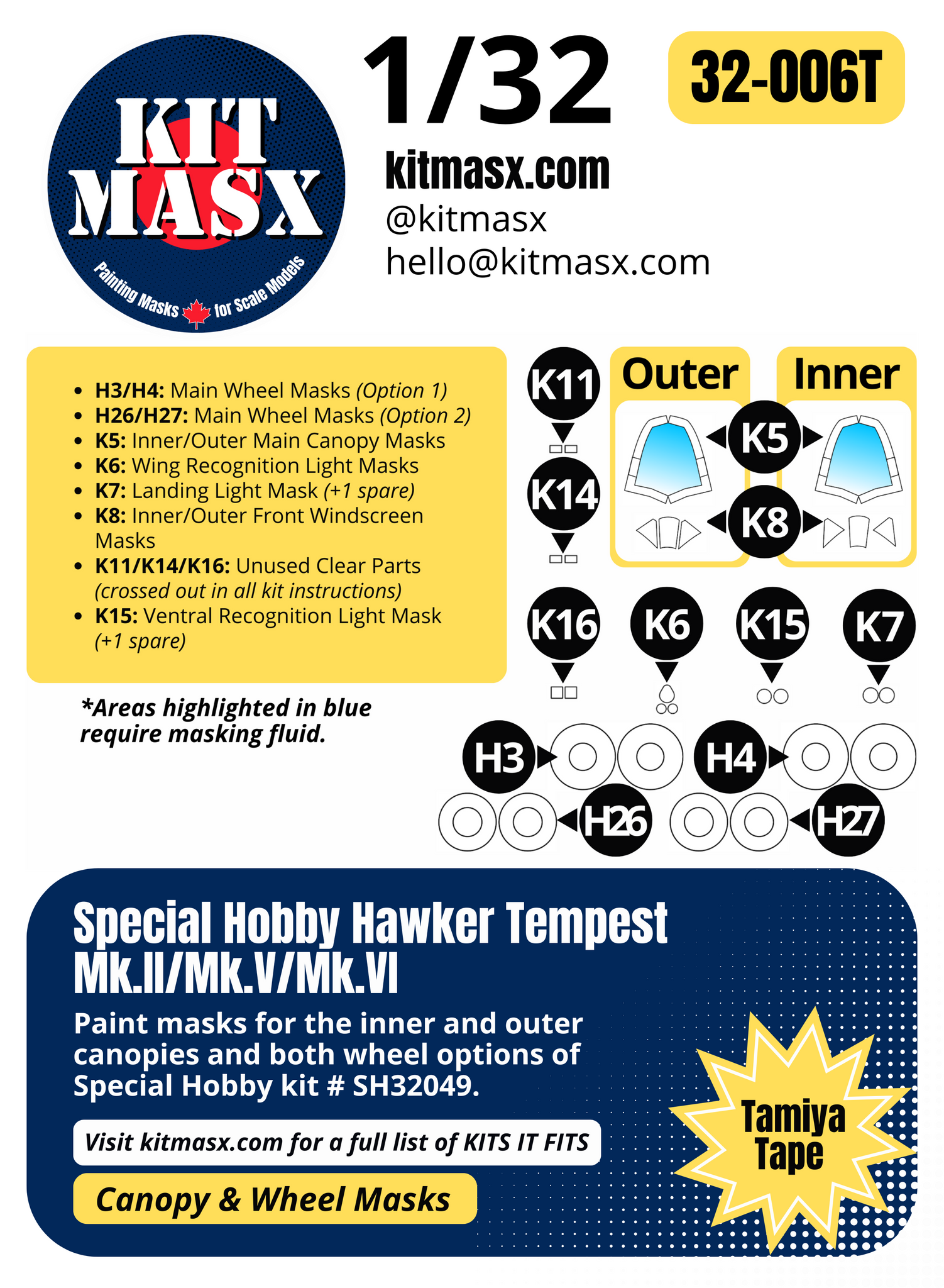 Special Hobby Hawker Tempest Mk.II/Mk.V/Mk.VI 1/32 Canopy & Wheel Paint Masks, Kit # SH32049