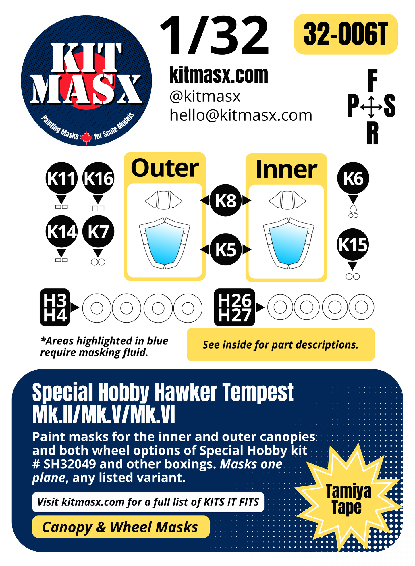 Special Hobby Hawker Tempest Mk.II/Mk.V/Mk.VI 1/32 Canopy & Wheel Paint Masks, Kit # SH32049