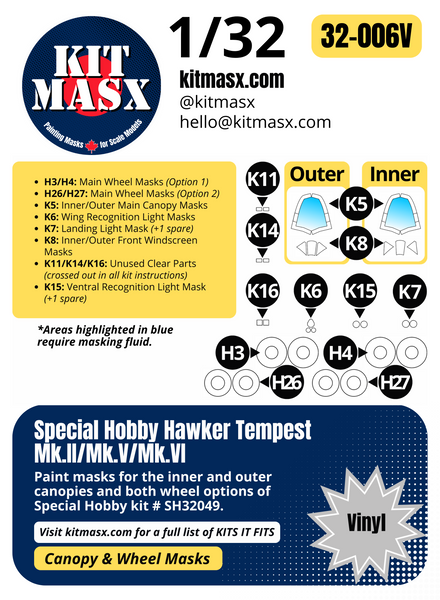 Special Hobby Hawker Tempest Mk.II/Mk.V/Mk.VI 1/32 Canopy & Wheel Paint Masks, Kit # SH32049