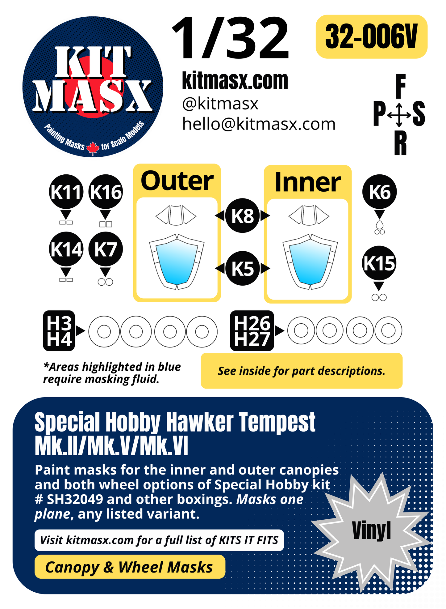 Special Hobby Hawker Tempest Mk.II/Mk.V/Mk.VI 1/32 Canopy & Wheel Paint Masks, Kit # SH32049
