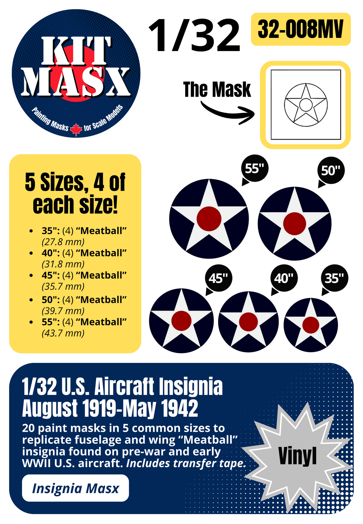 U.S. Aircraft "Meatball" Roundels (August 1919-May 1942) 1/32 National Insignia Paint Masks (32-008M)