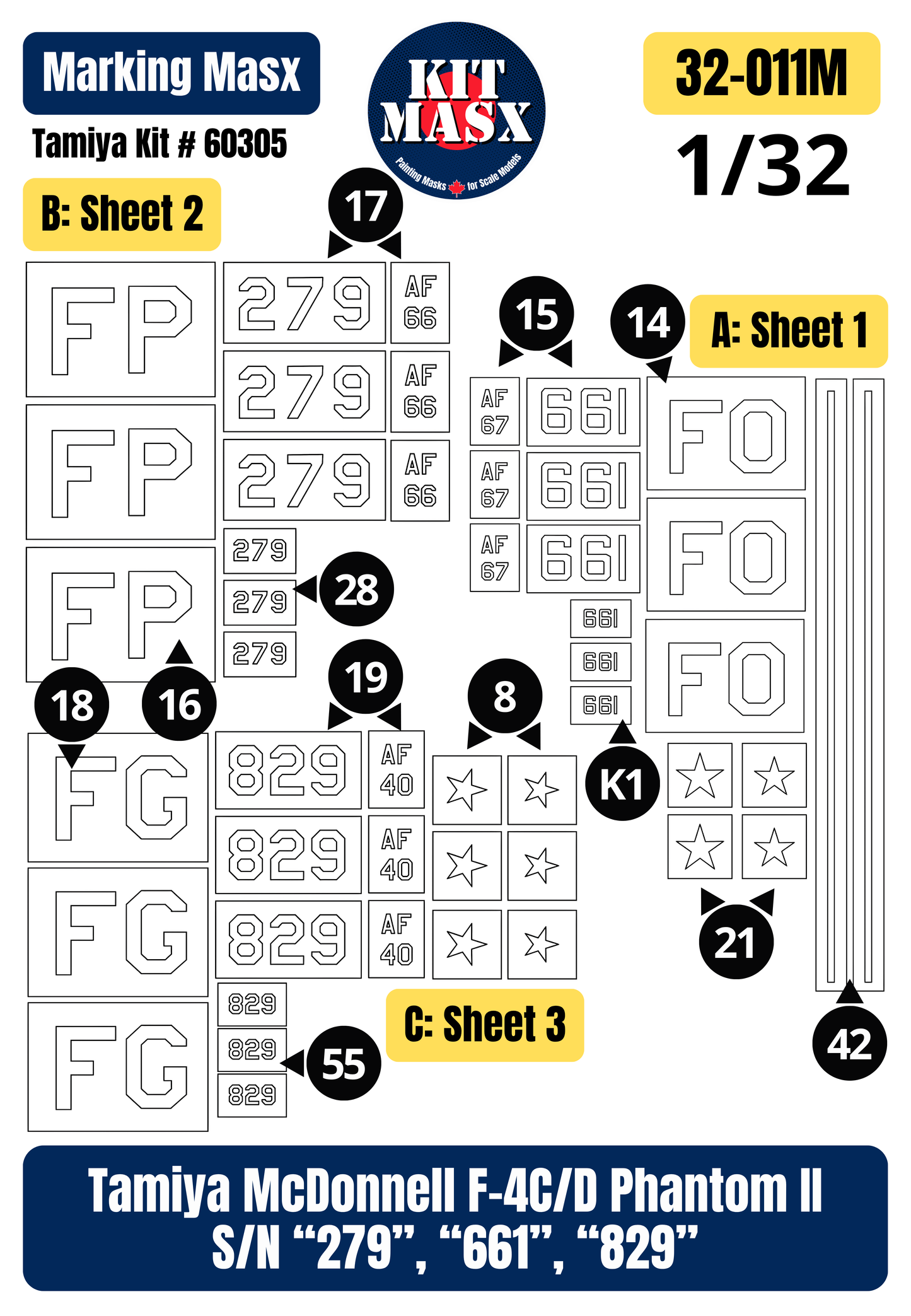 Tamiya McDonnell F-4C/D Phantom II S/N “279”, “661”, “829” 1/32 Main Marking Paint Masks, Kit # 60305 (32011M)