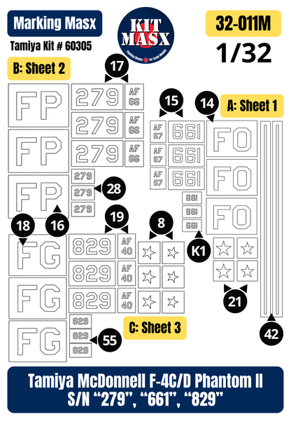 Tamiya McDonnell F-4C/D Phantom II S/N “279”, “661”, “829” 1/32 Main Marking Paint Masks, Kit # 60305 (32011M)