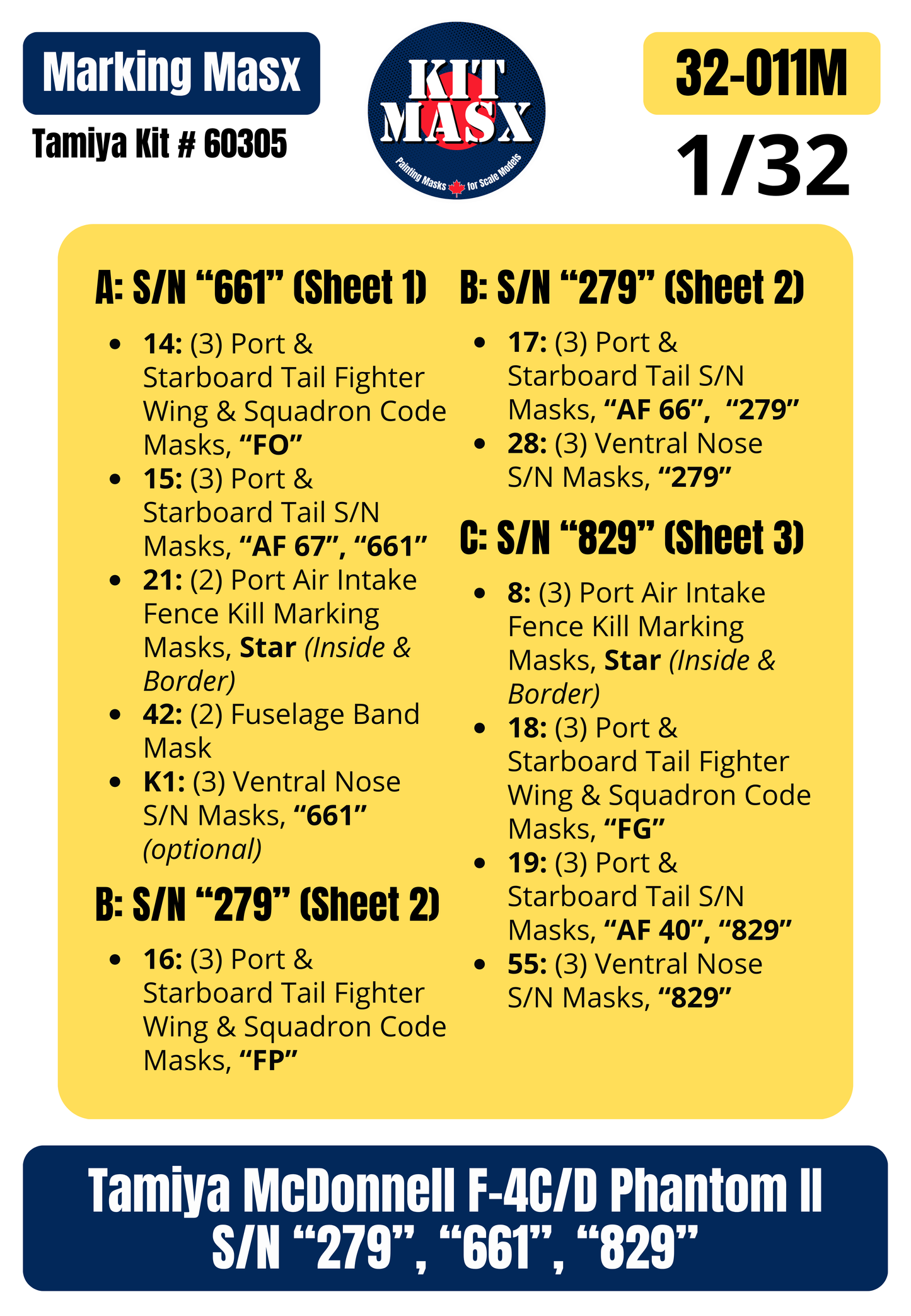 Tamiya McDonnell F-4C/D Phantom II S/N “279”, “661”, “829” 1/32 Main Marking Paint Masks, Kit # 60305 (32011M)