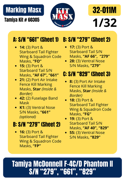Tamiya McDonnell F-4C/D Phantom II S/N “279”, “661”, “829” 1/32 Main Marking Paint Masks, Kit # 60305 (32011M)