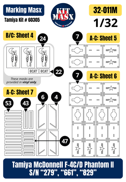 Tamiya McDonnell F-4C/D Phantom II S/N “279”, “661”, “829” 1/32 Main Marking Paint Masks, Kit # 60305 (32011M)