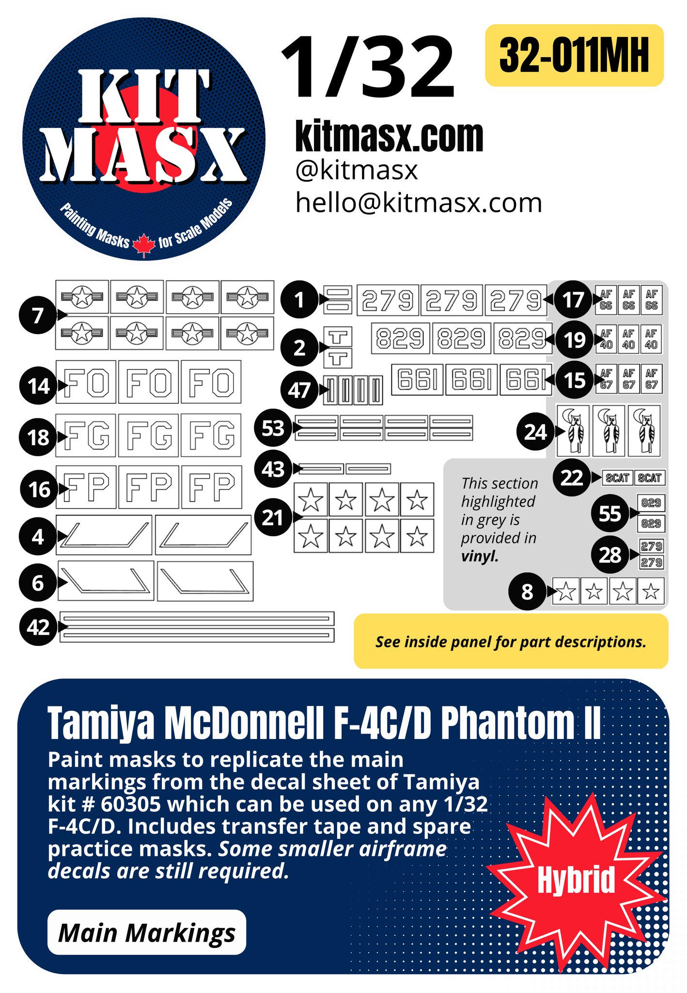 Tamiya McDonnell F-4C/D Phantom II 1/32 Main Marking Paint Masks, Kit # 60305