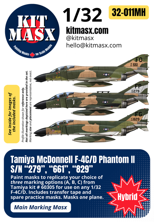 Tamiya McDonnell F-4C/D Phantom II S/N “279”, “661”, “829” 1/32 Main Marking Paint Masks, Kit # 60305 (32011M)