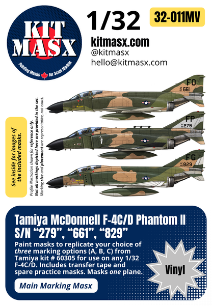 Tamiya McDonnell F-4C/D Phantom II S/N “279”, “661”, “829” 1/32 Main Marking Paint Masks, Kit # 60305 (32011M)