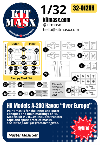 HK Models A-20G Havoc "Over Europe" 1/32 Canopy Paint Masks & Main Markings, Kit # 01E039