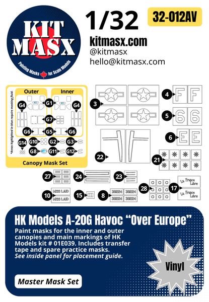 HK Models A-20G Havoc "Over Europe" 1/32 Canopy Paint Masks & Main Markings, Kit # 01E039