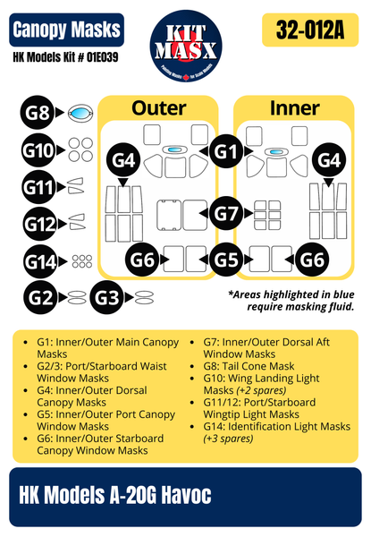 HK Models A-20G Havoc "Over Europe" 1/32 Canopy Paint Masks & Main Markings, Kit # 01E039