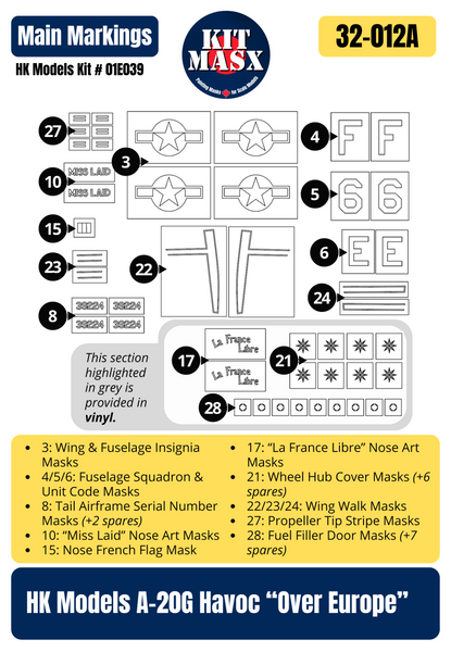 HK Models A-20G Havoc "Over Europe" 1/32 Canopy Paint Masks & Main Markings, Kit # 01E039