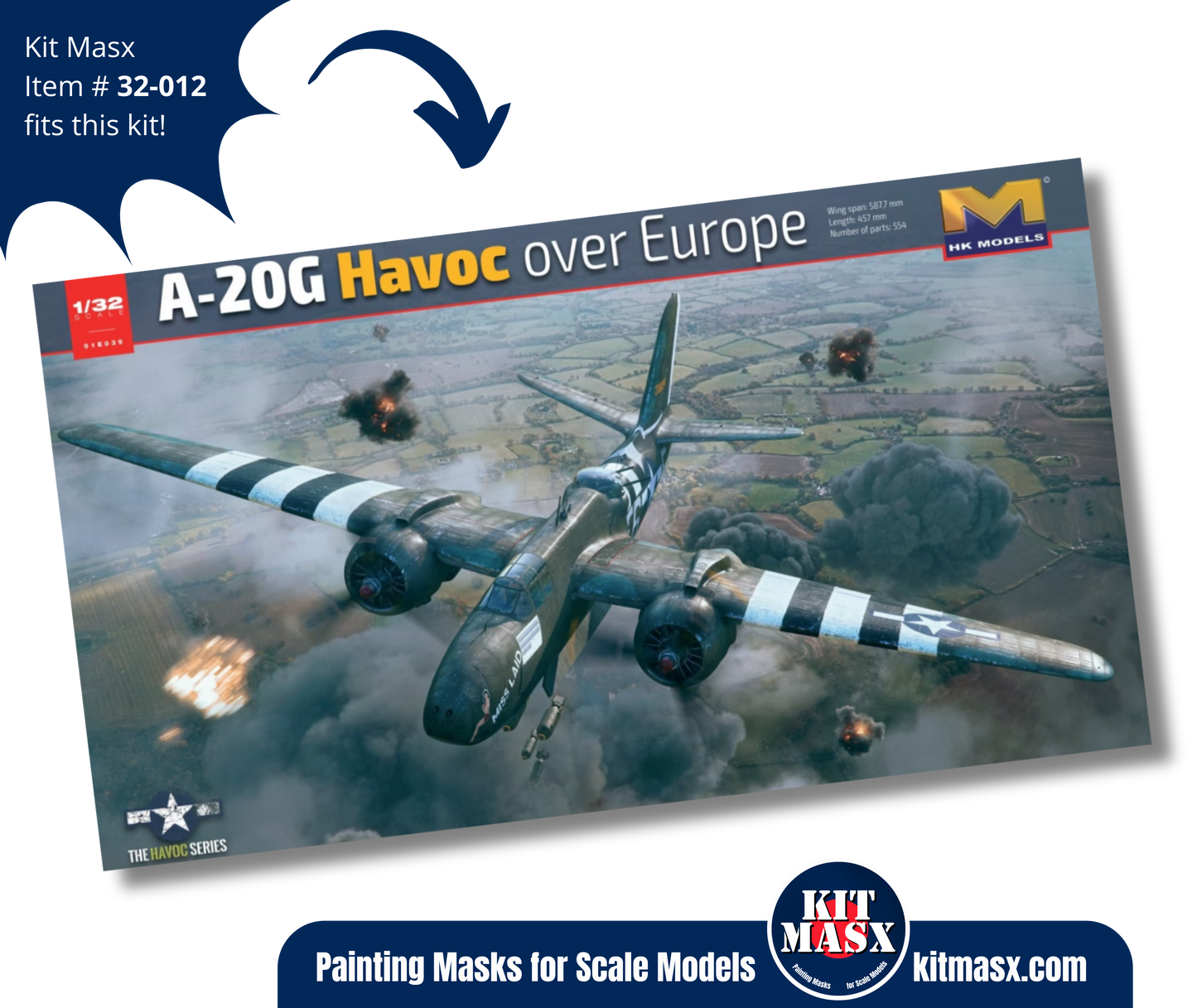 HK Models A-20G Havoc "Over Europe" 1/32 Canopy Paint Masks & Main Markings, Kit # 01E039