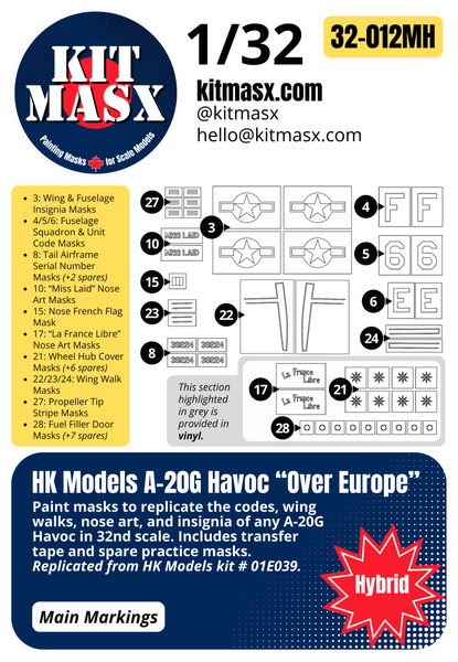 HK Models A-20G Havoc "Over Europe" 1/32 Canopy Paint Masks & Main Markings, Kit # 01E039