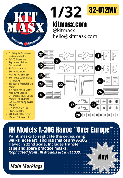 HK Models A-20G Havoc "Over Europe" 1/32 Canopy Paint Masks & Main Markings, Kit # 01E039