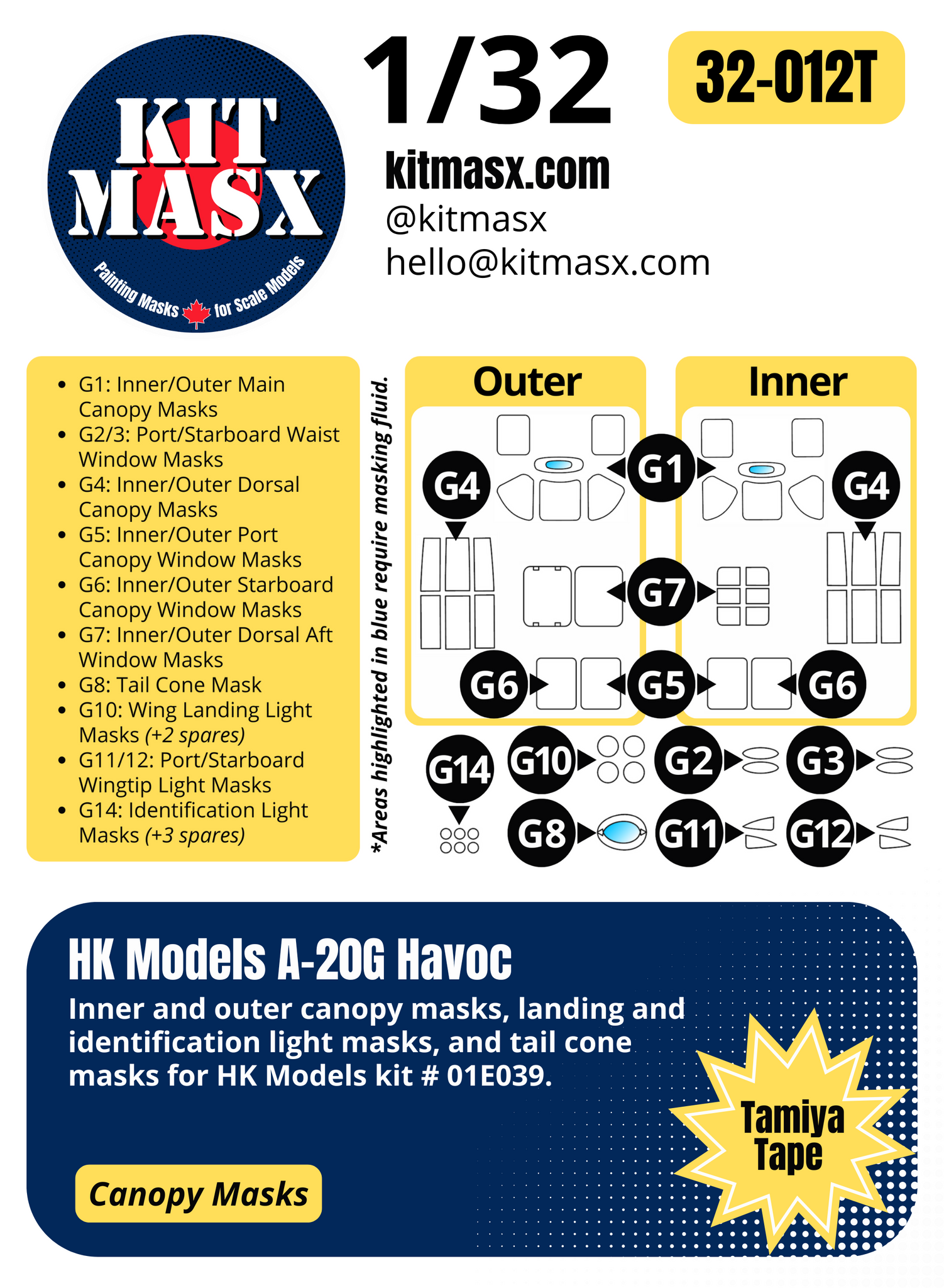 HK Models A-20G Havoc "Over Europe" 1/32 Canopy Paint Masks & Main Markings, Kit # 01E039