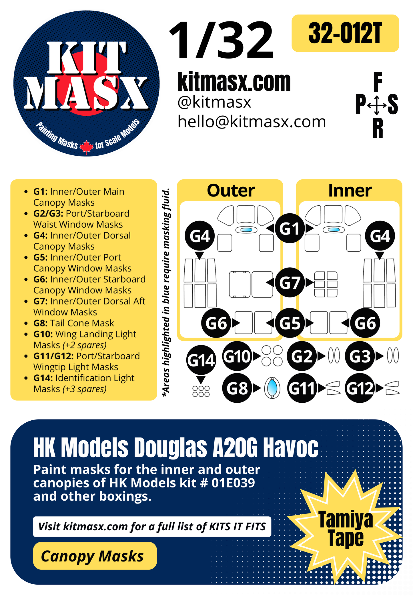 HK Models Douglas A-20G Havoc 1/32 Canopy Paint Masks, Kit # 01E039