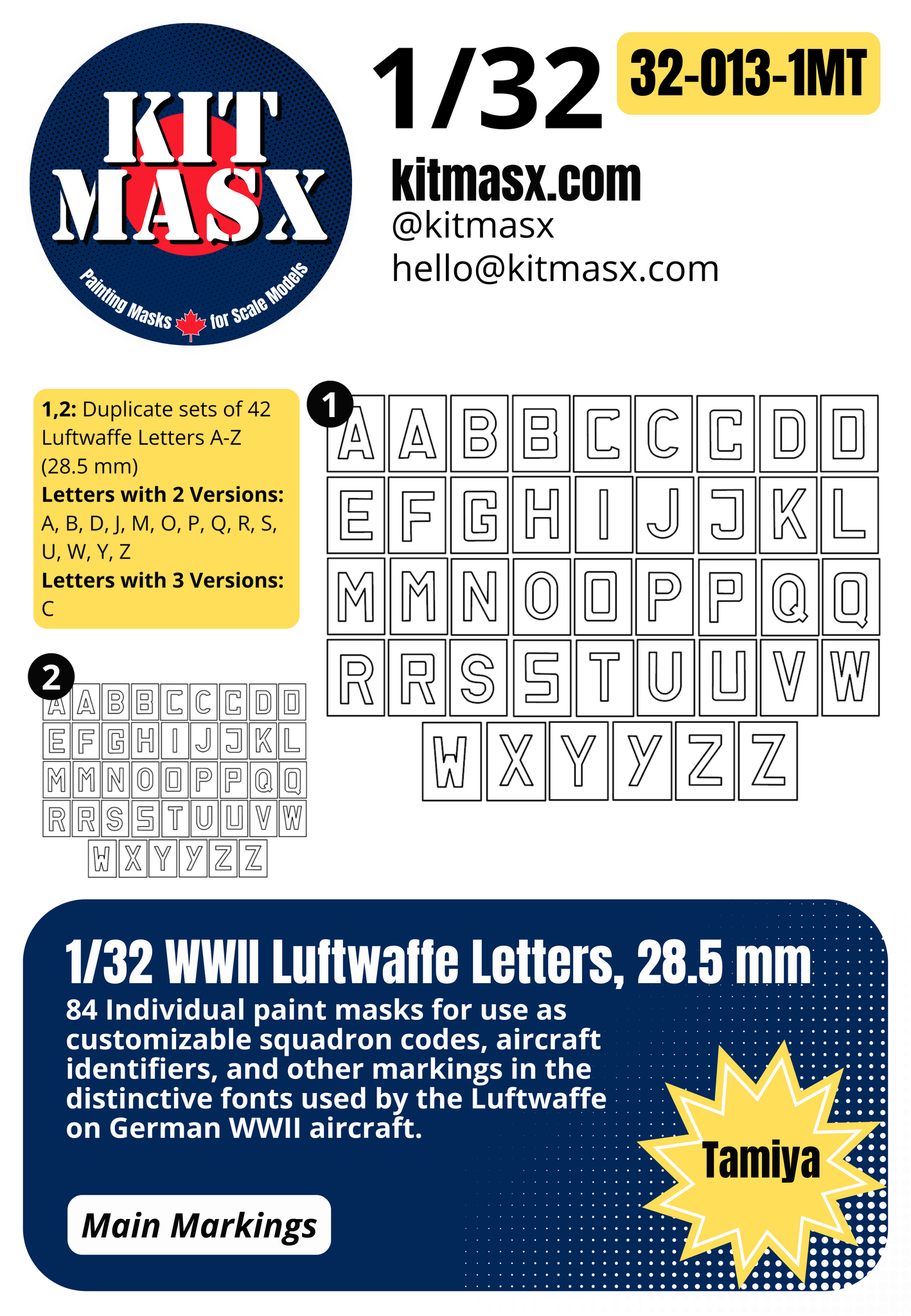 1/32 WWII Luftwaffe Letters, 3 Sizes: 28.5 mm, 19.5 mm, 14.6 mm Main Marking Paint Masks