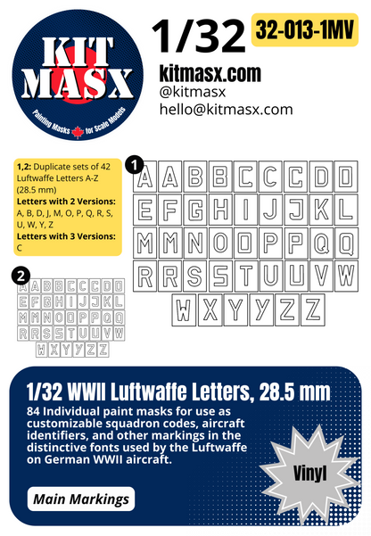1/32 WWII Luftwaffe Letters, 3 Sizes: 28.5 mm, 19.5 mm, 14.6 mm Main Marking Paint Masks