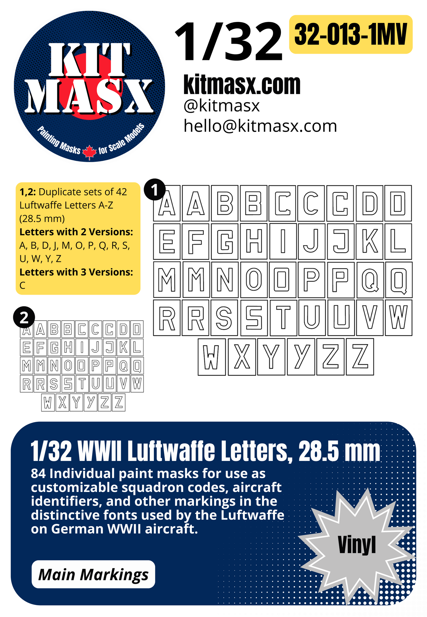 1/32 WWII Luftwaffe Letters, 3 Sizes: 28.5 mm, 19.5 mm, 14.6 mm Main Marking Paint Masks