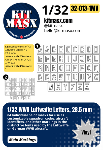 1/32 WWII Luftwaffe Letters, 3 Sizes: 28.5 mm, 19.5 mm, 14.6 mm Main Marking Paint Masks