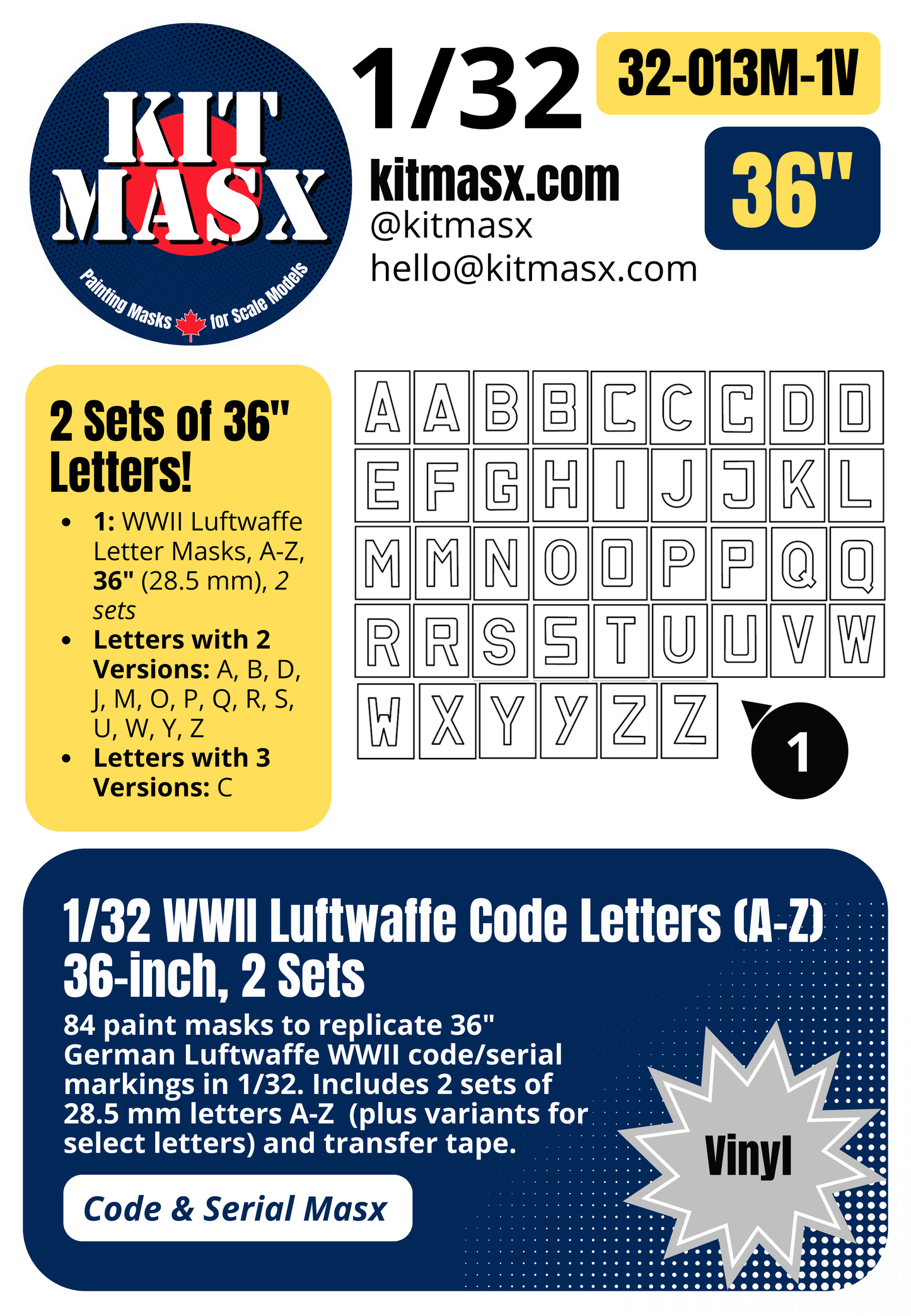 WWII Luftwaffe Code Letters (A-Z) 1/32 Code & Serial Paint Masks (32013M)