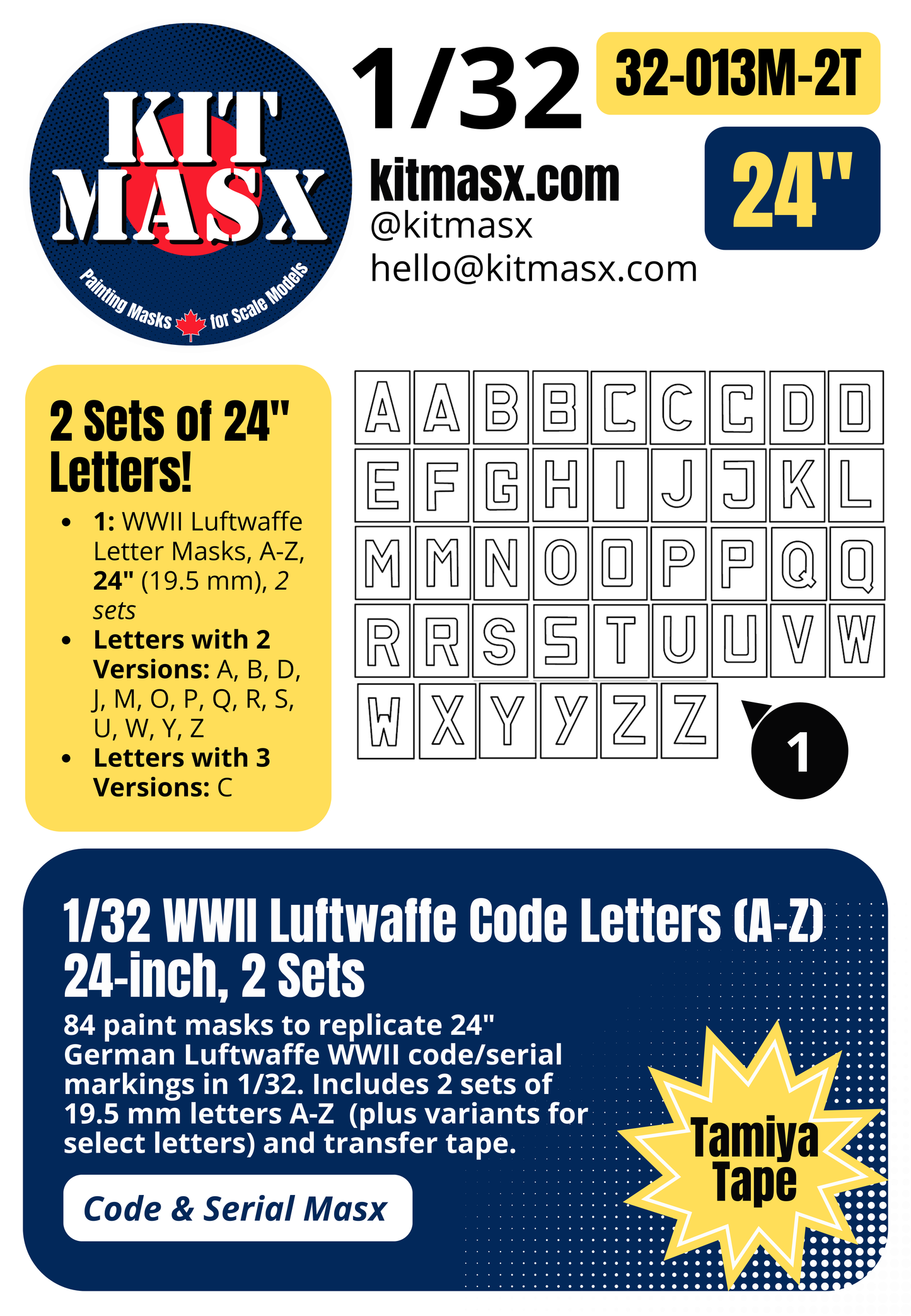 WWII Luftwaffe Code Letters (A-Z) 1/32 Code & Serial Paint Masks (32013M)
