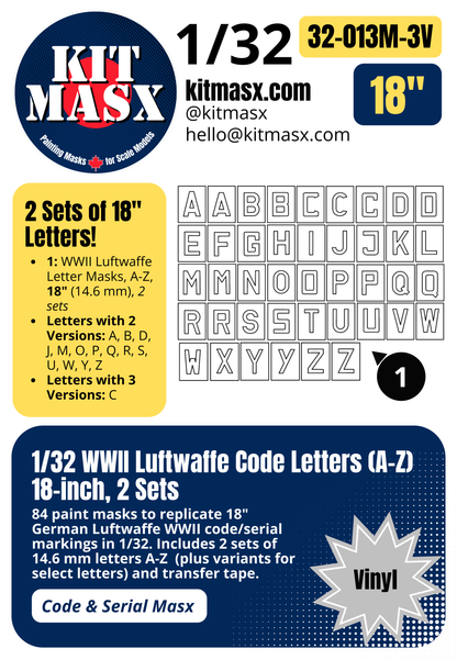 WWII Luftwaffe Code Letters (A-Z) 1/32 Code & Serial Paint Masks (32013M)
