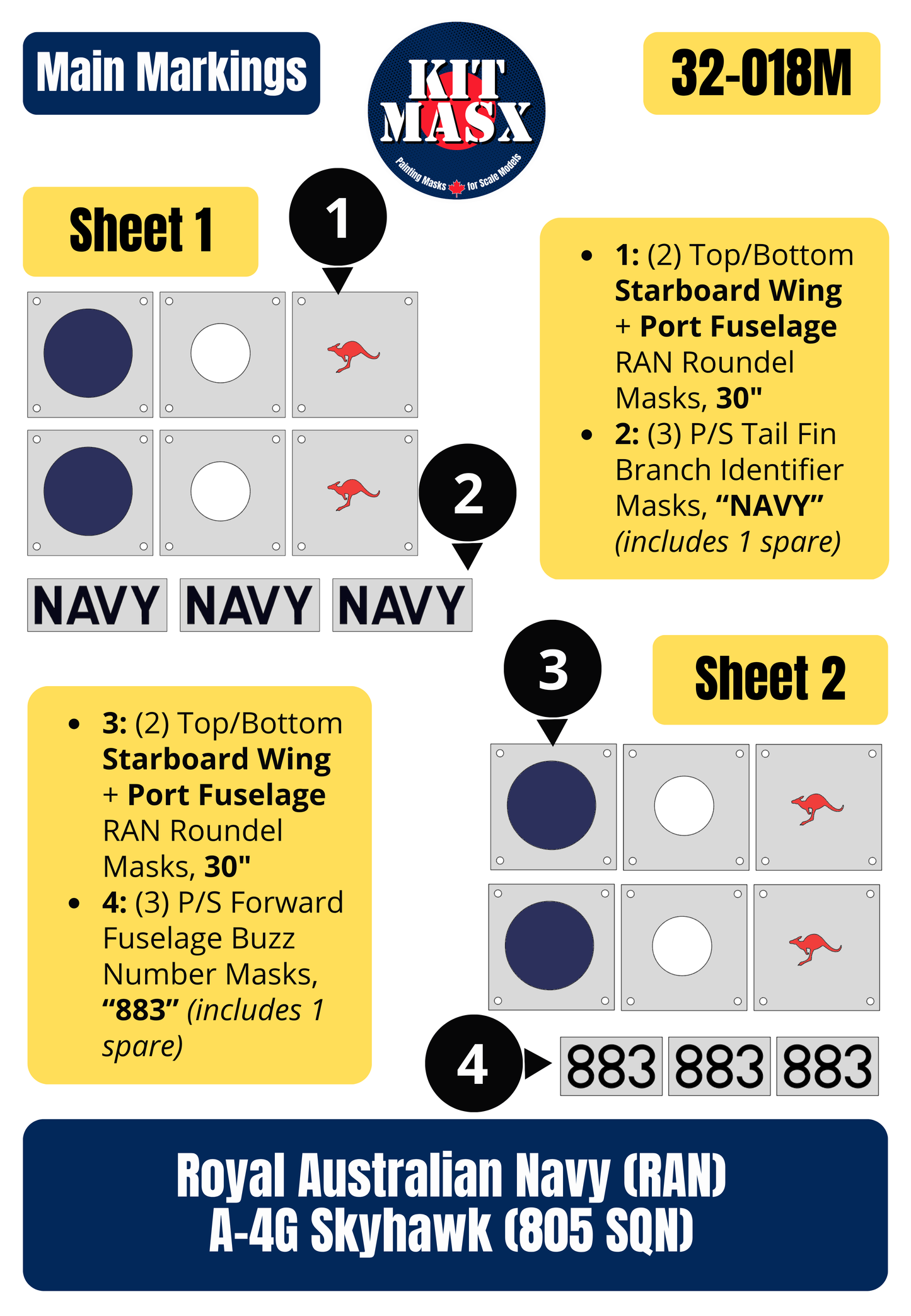 Royal Australian Navy (RAN) A-4G Skyhawk (805 SQN) 1/32 Main Marking Paint Masks