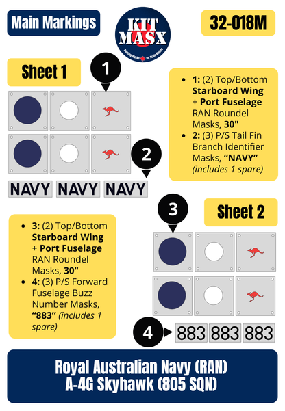 Royal Australian Navy (RAN) A-4G Skyhawk (805 SQN) 1/32 Main Marking Paint Masks