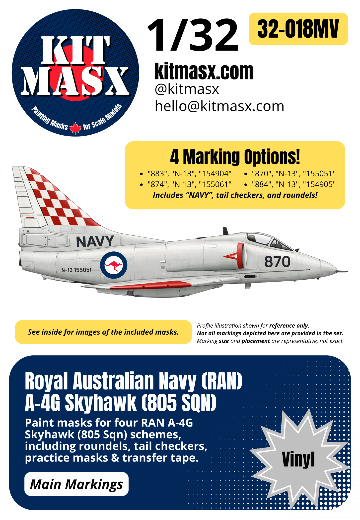 Royal Australian Navy (RAN) A-4G Skyhawk (805 SQN) 1/32 Main Marking Paint Masks