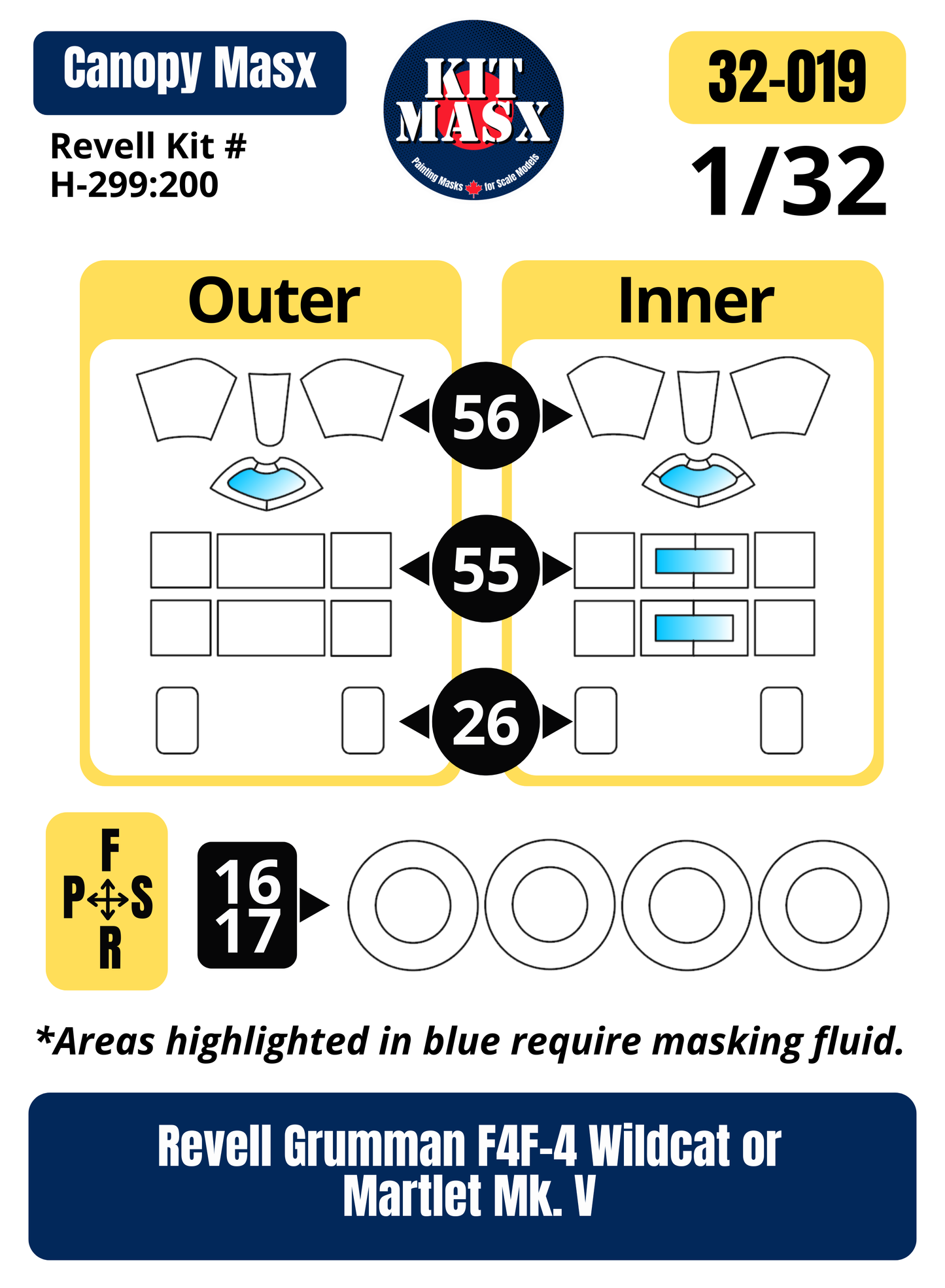 Revell Grumman F4F-4 Wildcat/Martlet Mk. V 1/32 Canopy & Wheel Paint Masks, Kit # H-299:200 (32019)