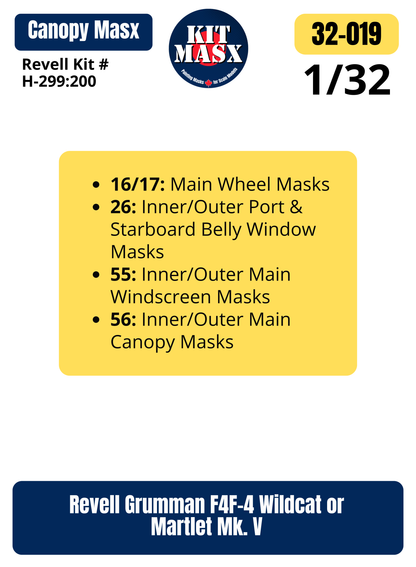 Revell Grumman F4F-4 Wildcat/Martlet Mk. V 1/32 Canopy & Wheel Paint Masks, Kit # H-299:200 (32019)